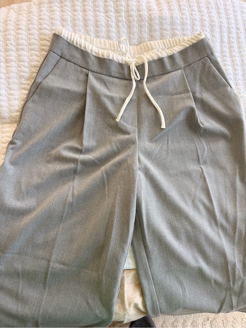 Zara Light Gray Wide Leg Pants with White Drawstring Waist